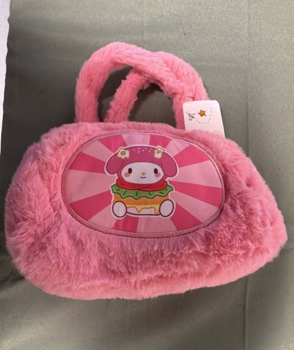 Sanrio My Melody Burger Graphic Pink Fuzzy Plush Handbag